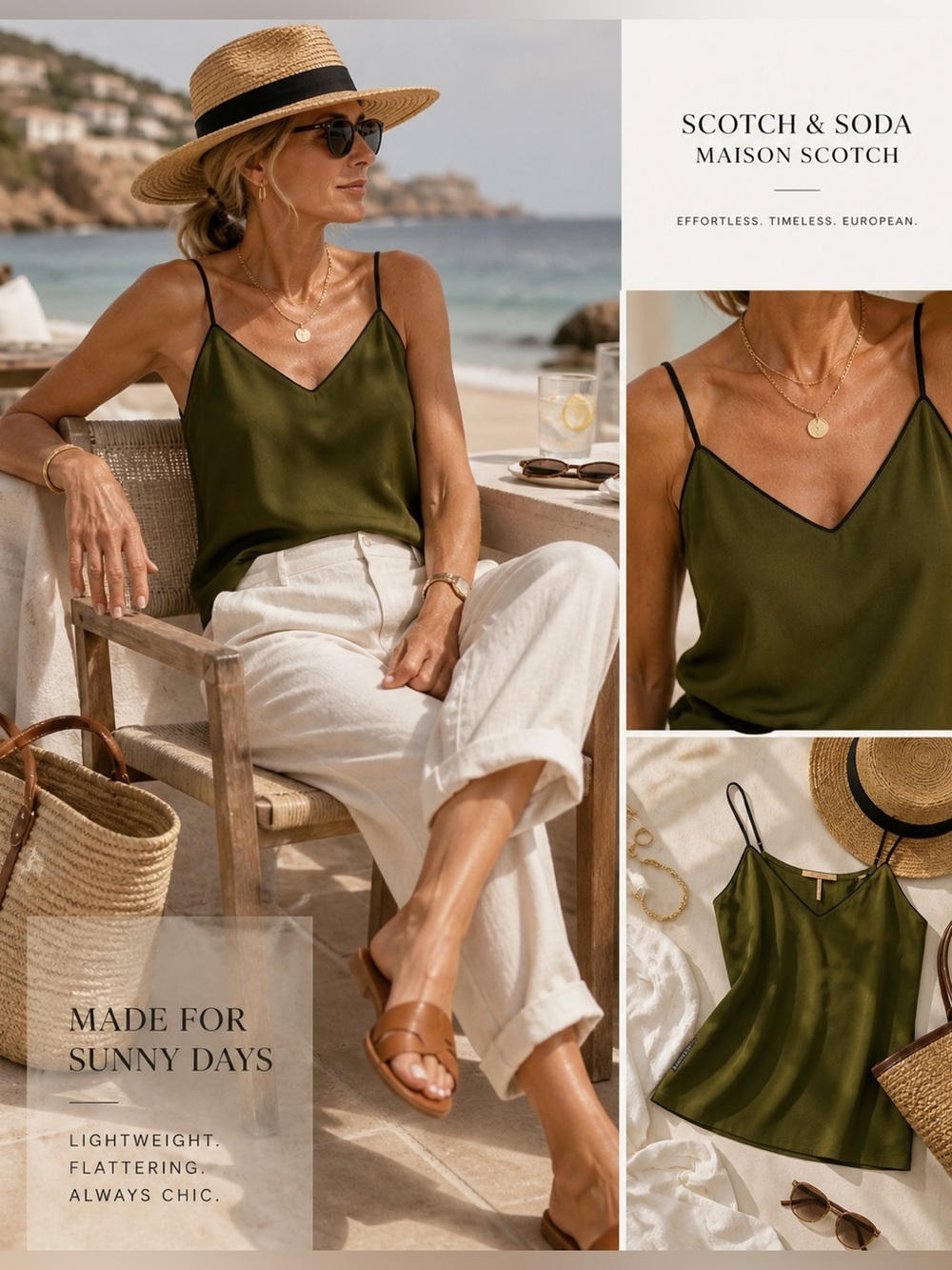 Scotch & Soda Olive Green Camisole Tank | Adjustable Straps.